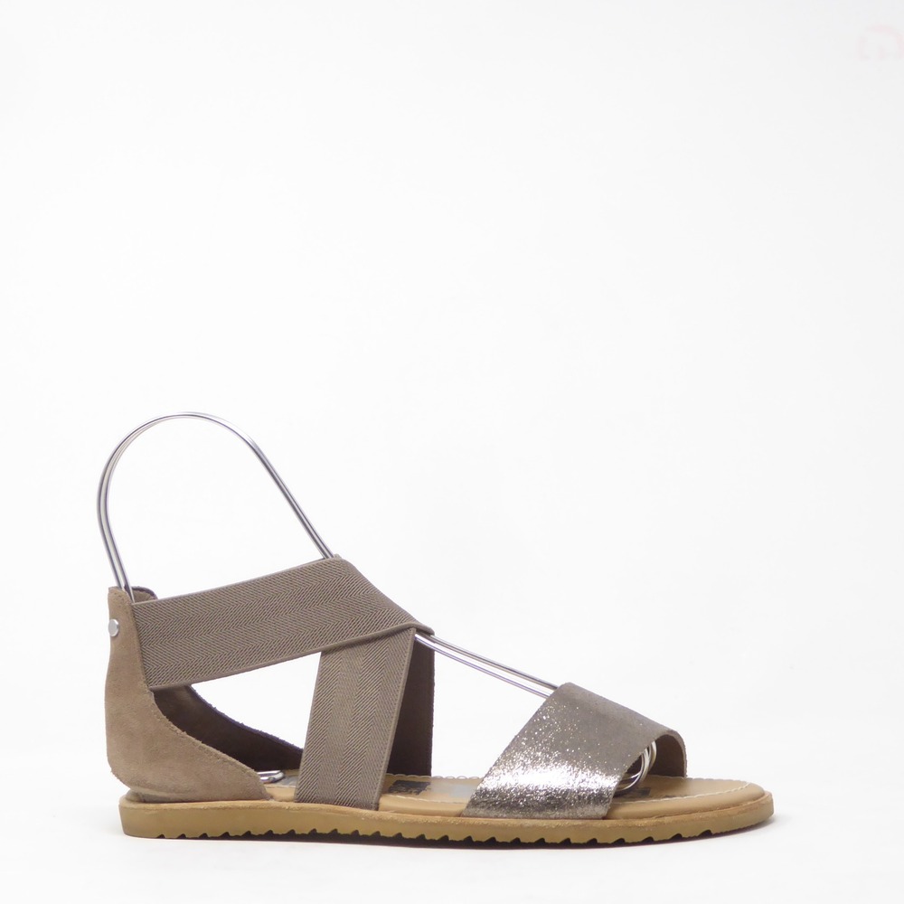 Sorel Womens Ella Criss Cross Sandal Pewter Metallic Elastic Ankle Strap 7.5